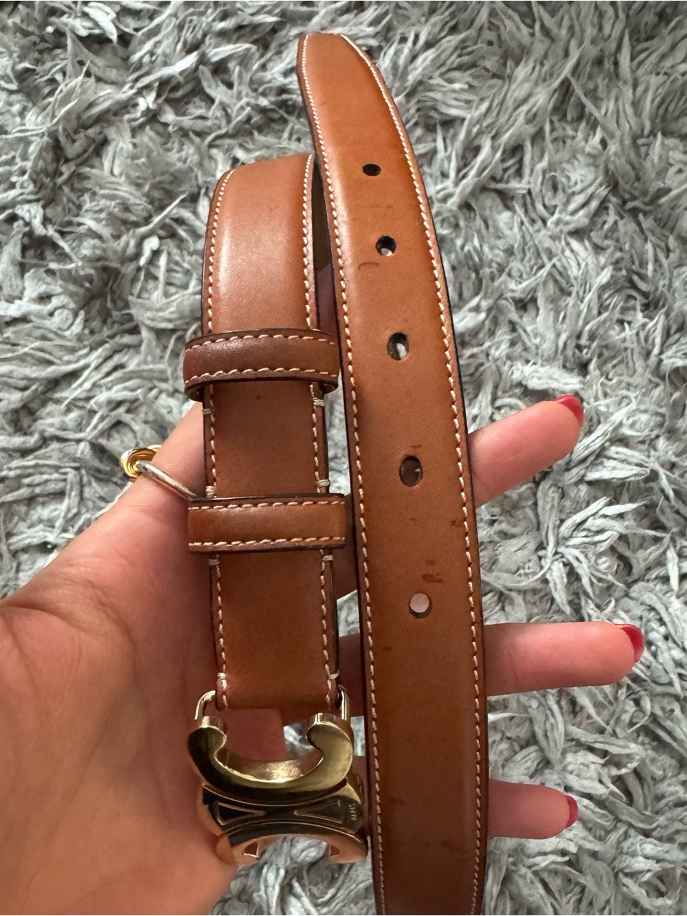 Celine Tan Leather Belt with Gold Logo Buckle - Picture 4 of 8